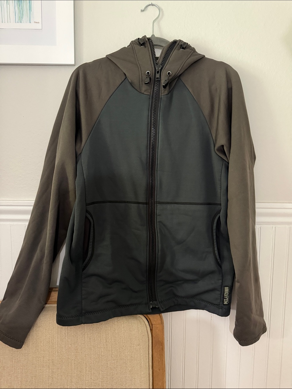 Melanzana Two-Tone Hooded Zip Jacket in Olive Green & Gray
